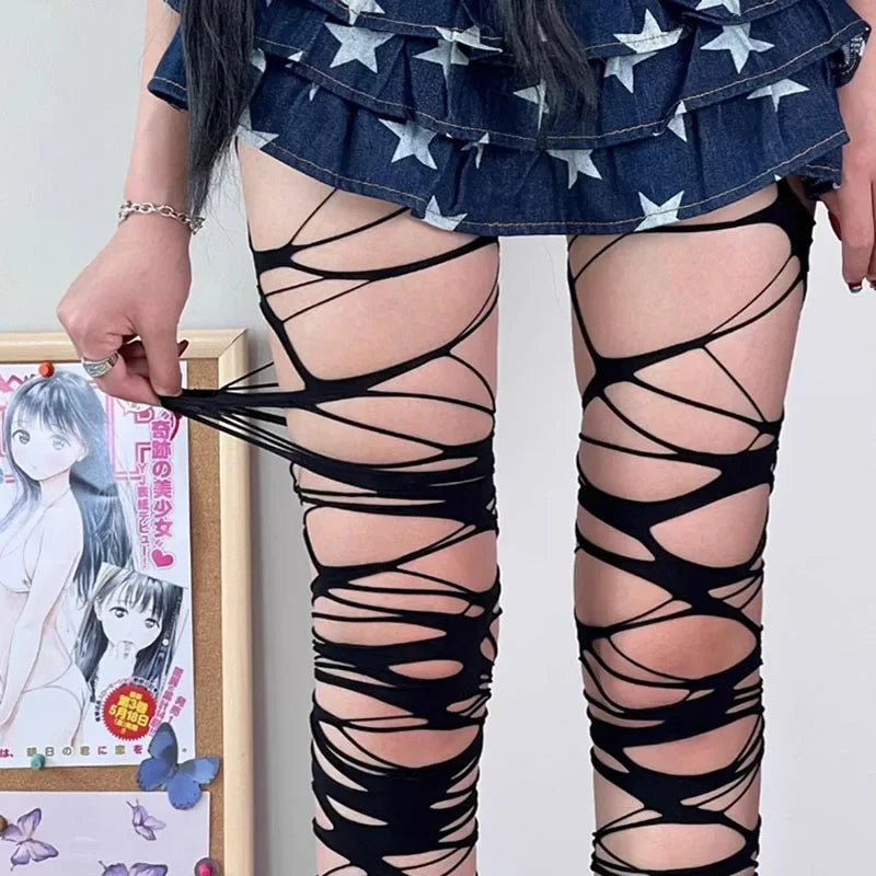 Punk Hollow Fishnet Stockings for Women Spider Web Torn Strap Holes Tights Girls Lolita Ragged Pantyhose Party Socks Pantyhose