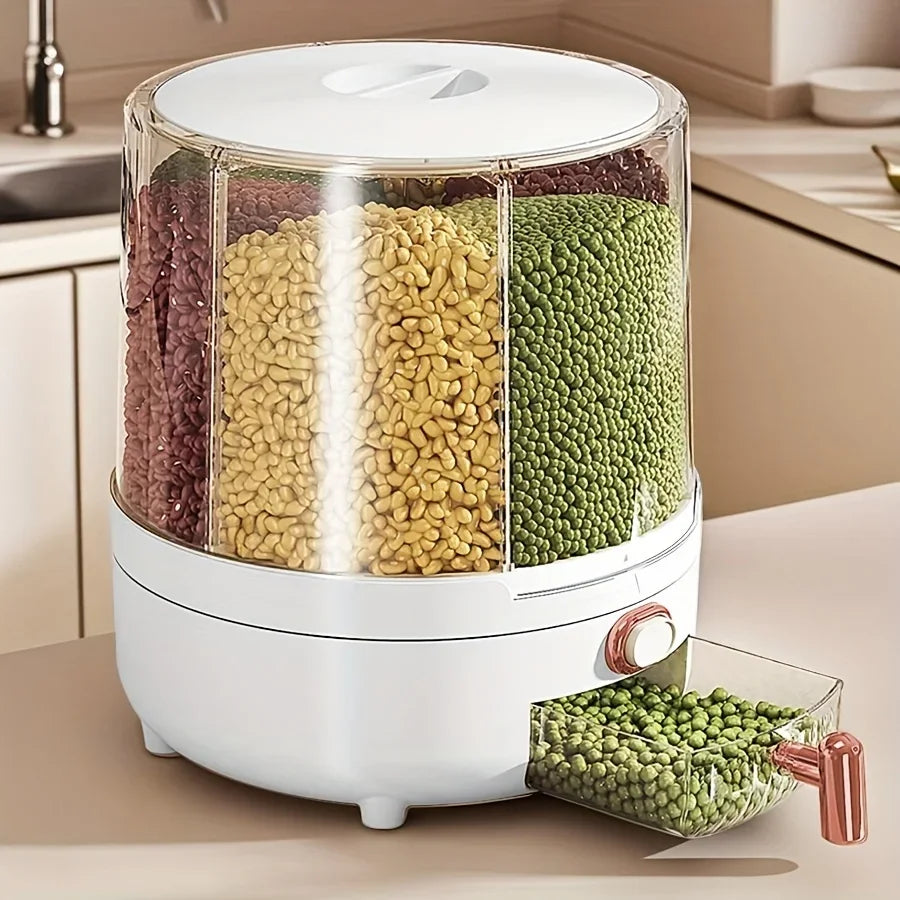 2026 6‑Compartment 360° Rotating Airtight Food Storage Container Moisture‑Proof Cereal Rice Dry Snack Kitchen Pantry Organizer
