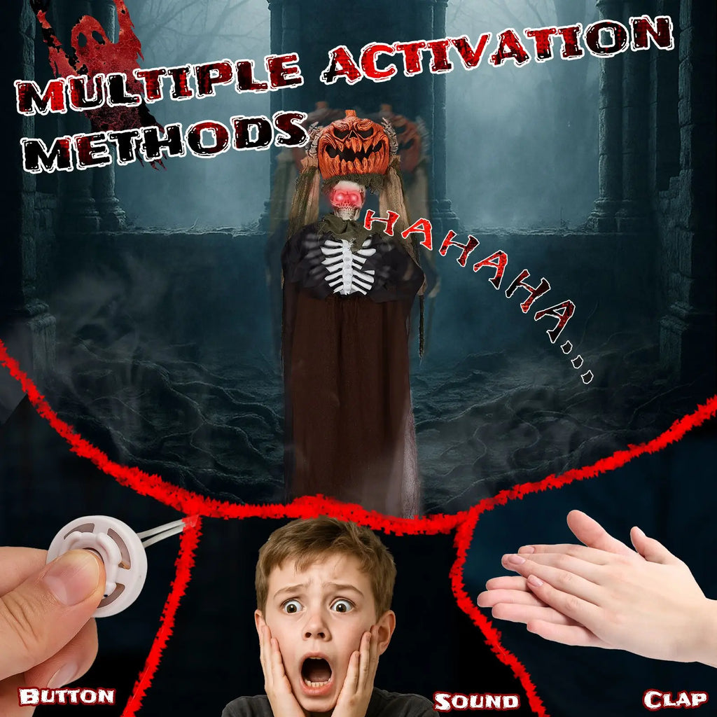 5.6ft Halloween Decorations Outdoor Life Size Animatronics Ghost with Pumpkin Head, Sound-Actived Party Decor