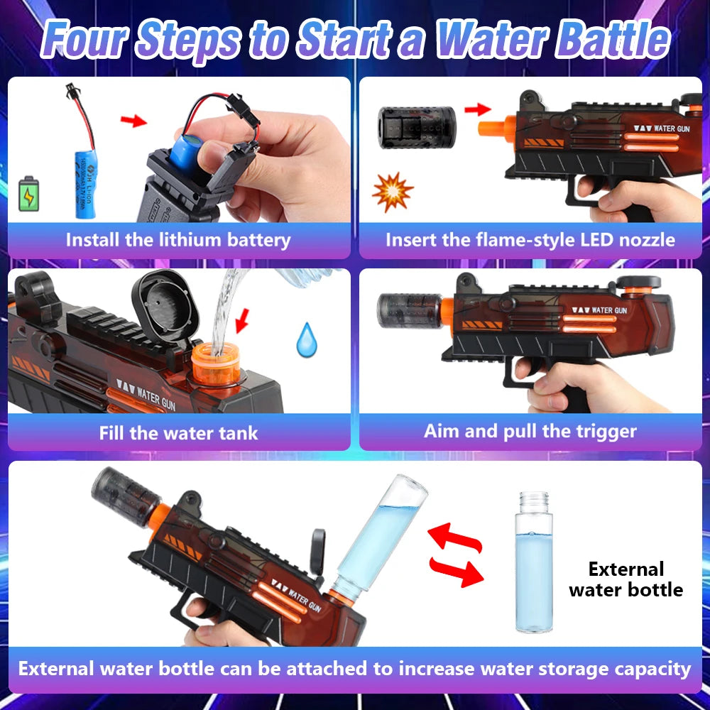 Electric Water Gun Toy with Flare Flame Lights AutomaticWater Machine Splashing Outdoor Beach Toys for Boy Gift