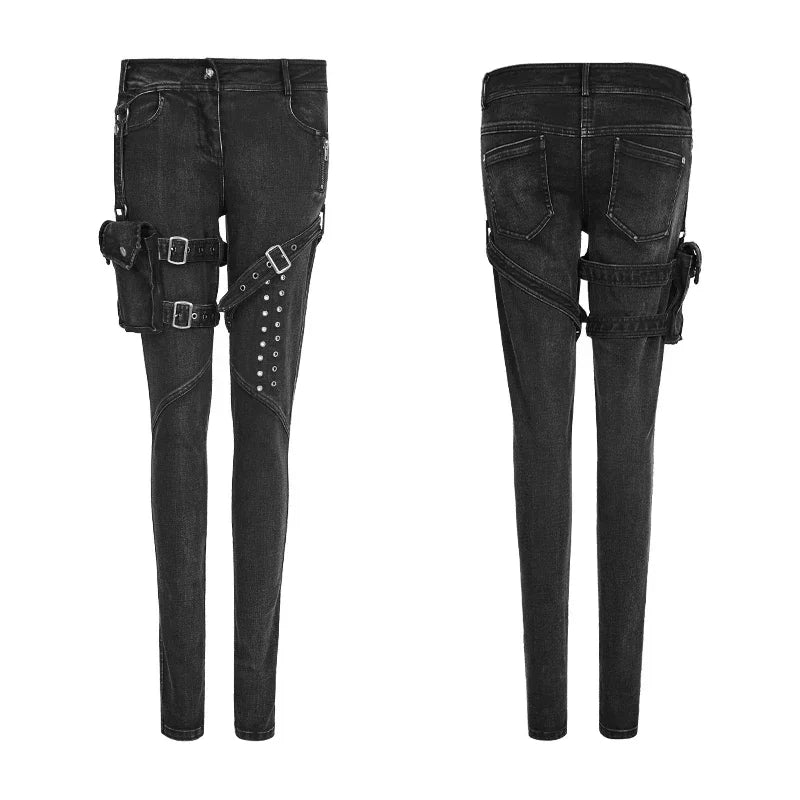 PUNK RAVE New Big Trousers Pocket Rivet Button Belt Punk Rock Jeans Lady Skinny with High Waist Black Denim Pants for Women