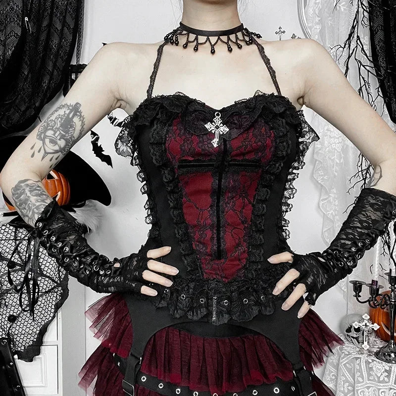 AltGoth Gothic Hotsweet Camisole Women Vintage Aesthetic Y2k E-girl Hipster Lace Patchwork Halter Crop Tank Tops Cosplay Clothes