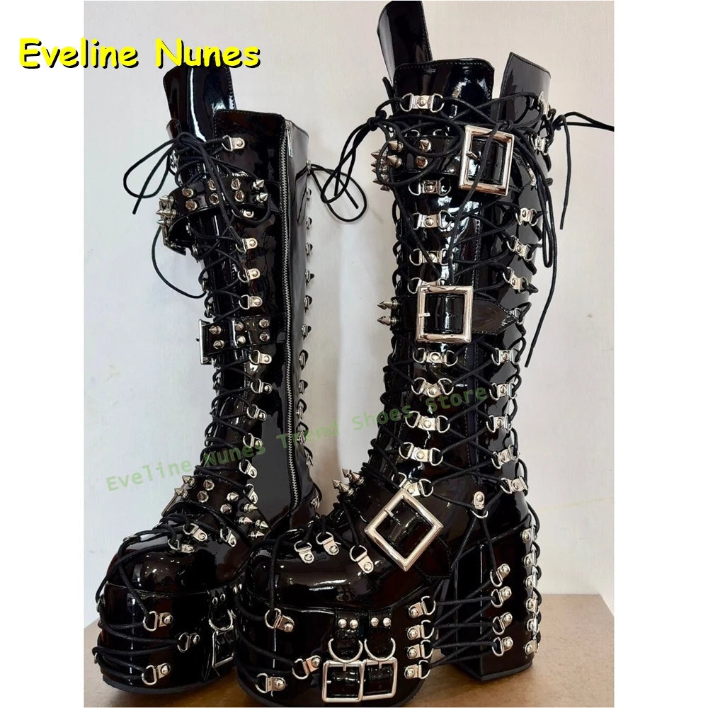 Y2K Red Gothic Platform Knee High Boots Women Punk Lace Up Buckle Chunky Heel Patent Leather Shoes Belt Buckle 2026 New Arrivals
