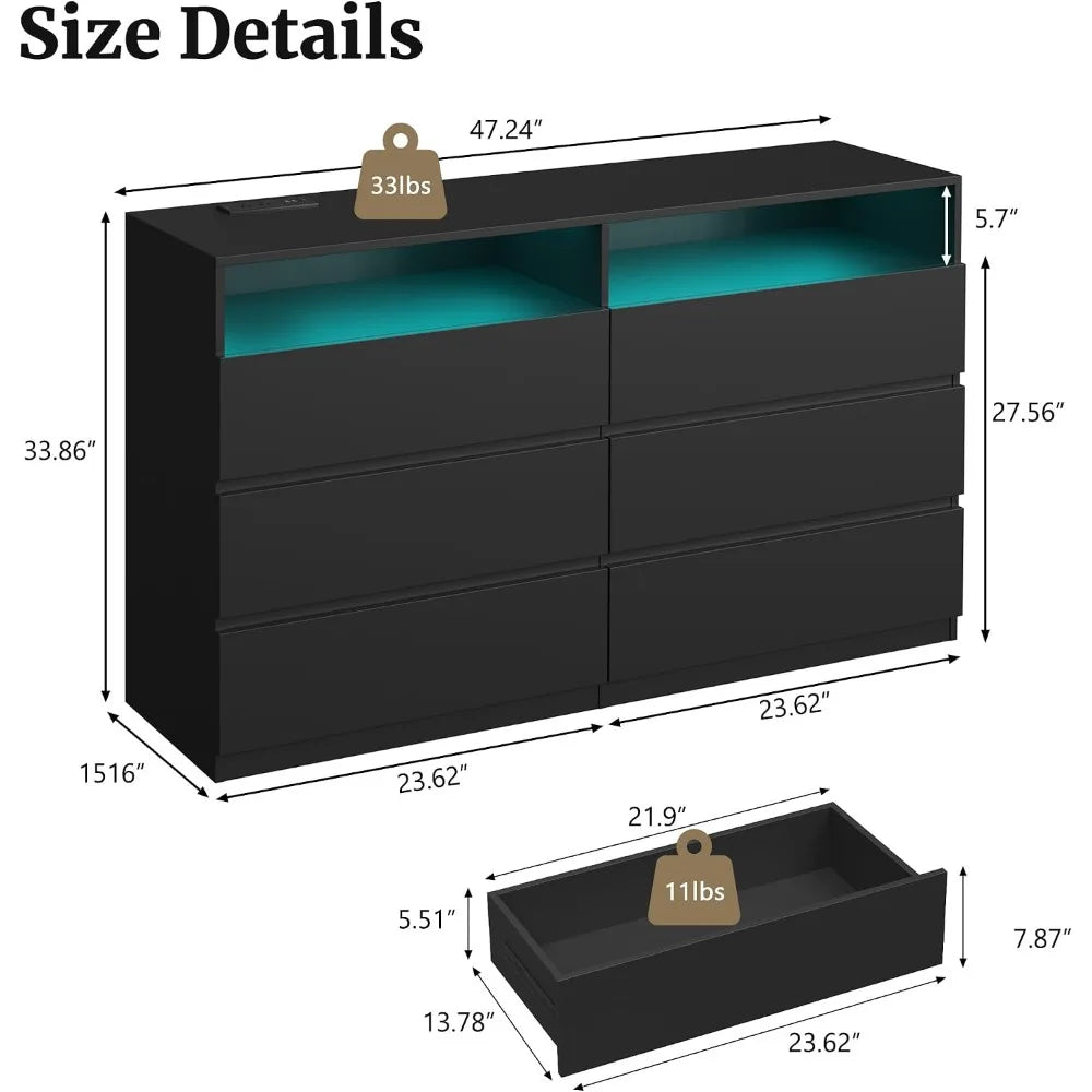 6 Drawer Dresser for Bedroom 47 in Wooden Black Chest of Drawers Storage Organizer