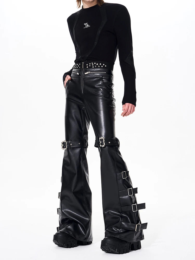 Mauroicardi Spring Autumn Cool Handsome Long Black Pu Leather Flare Pants for Men Rivet Luxury Designer Alternative Emo Clothes