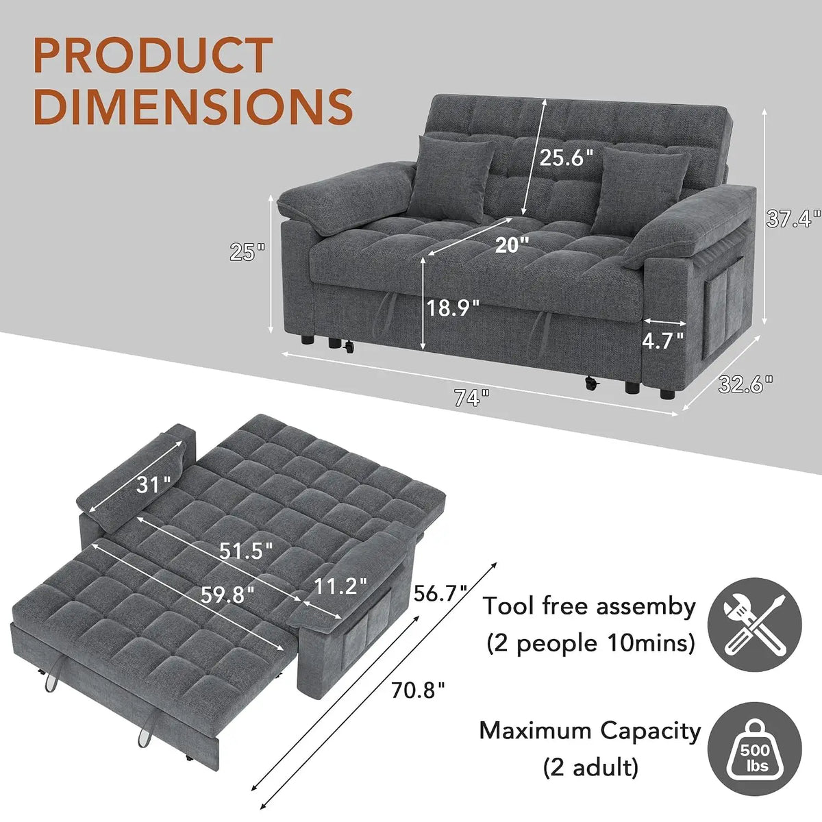 Sleeper Sofa Bed, 70" Pull Out Futon Couch with Small Table| USB Port | Side Pockets | Tool-Free Assembly |, Customized