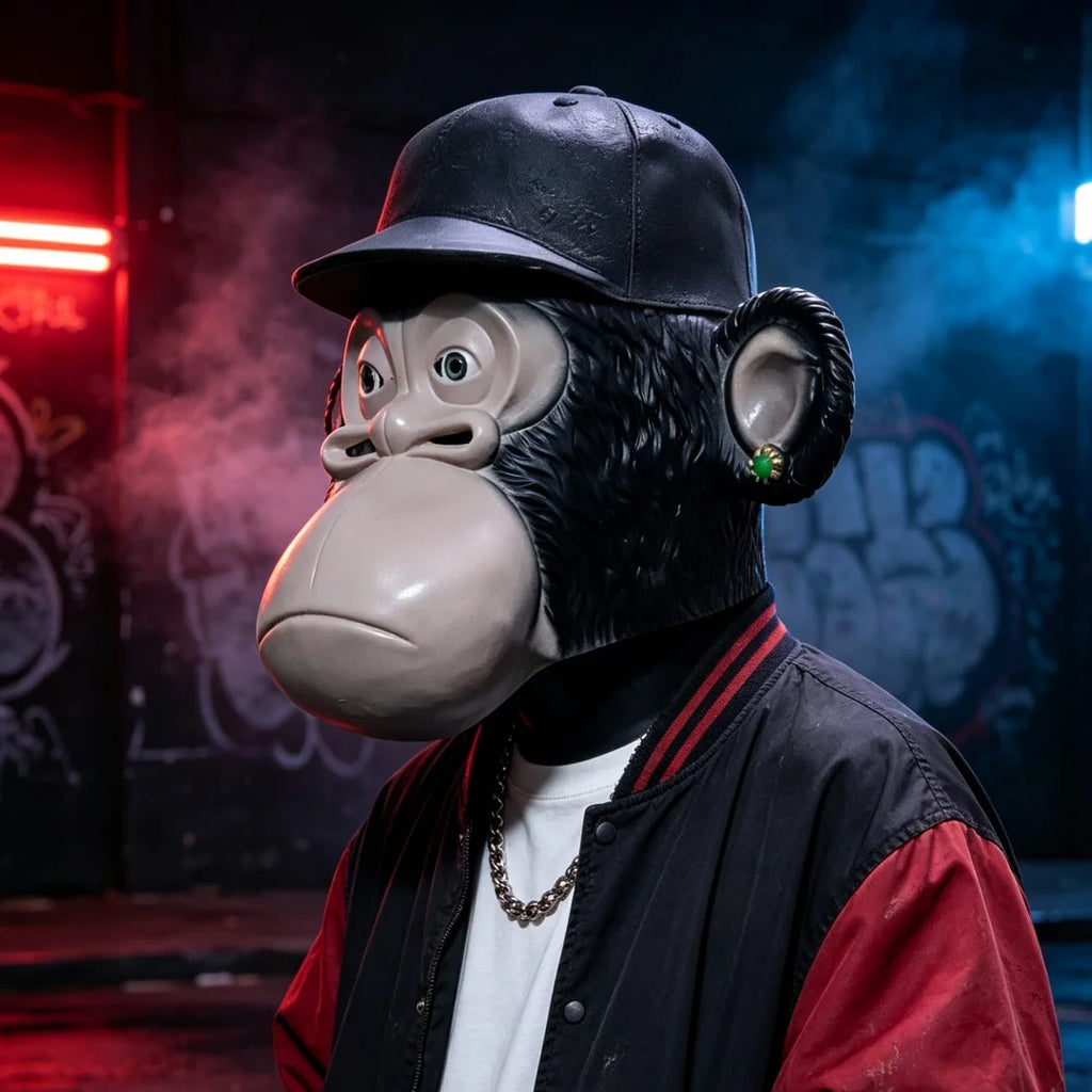 Chimpanzee Latex Full Head Mask with Baseball Cap & Ear Ornaments, Animal Cosplay Headgear for Halloween Masquerade, Party and Role Play Costume Props