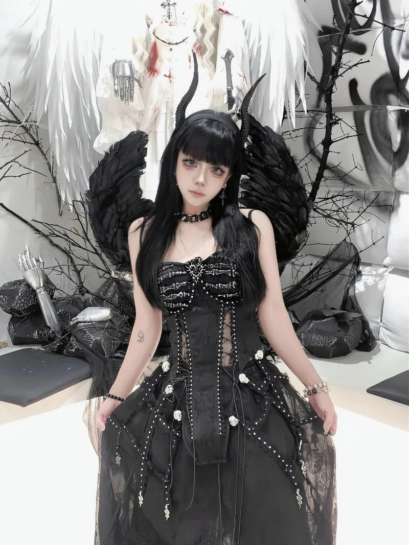 Original Heavy Industry Handmade Pure Black Goth Dark Strap Drawstring Corset Bird Cage Affordable Corset Top For Women