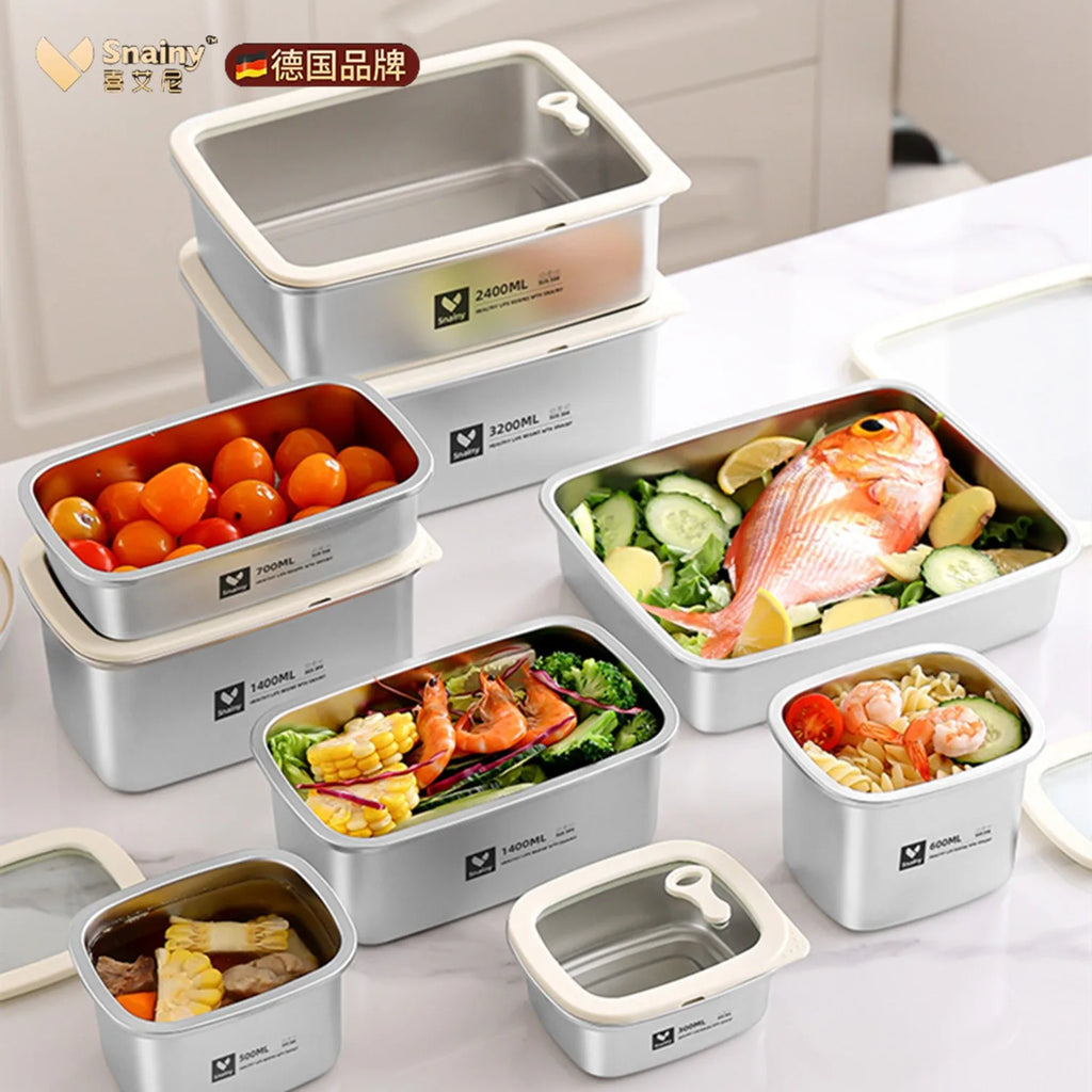 Snainy Pure 304 Stainless Steel Kitchen Fridge Oganizer Micro-vacuum Preservation Crisper Microwave-safe Glass Cover Bento Box