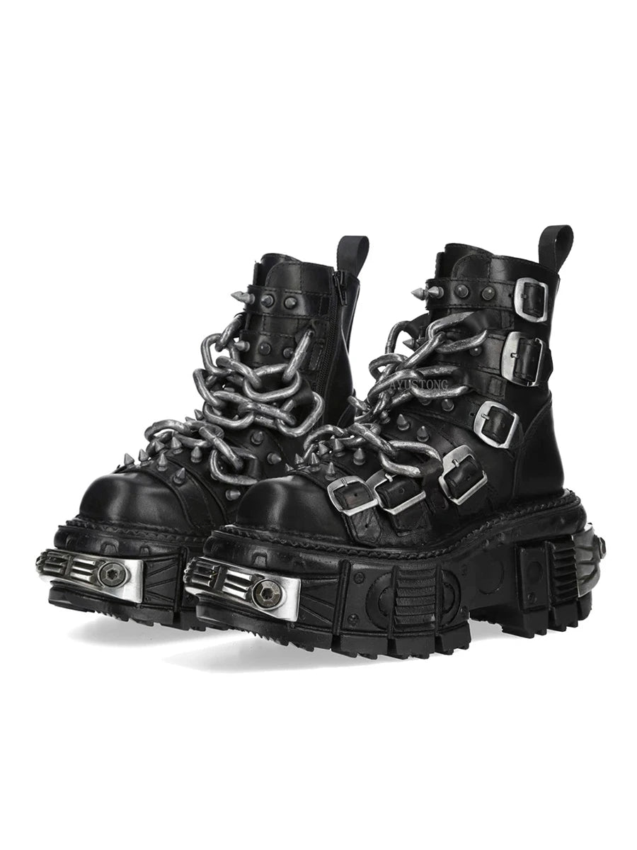 Gothic Platform Ankle Boots Spanish Rock Punk Chunky Heel Motorcycle Boots with Chains Streetwear Combat Boots for Men