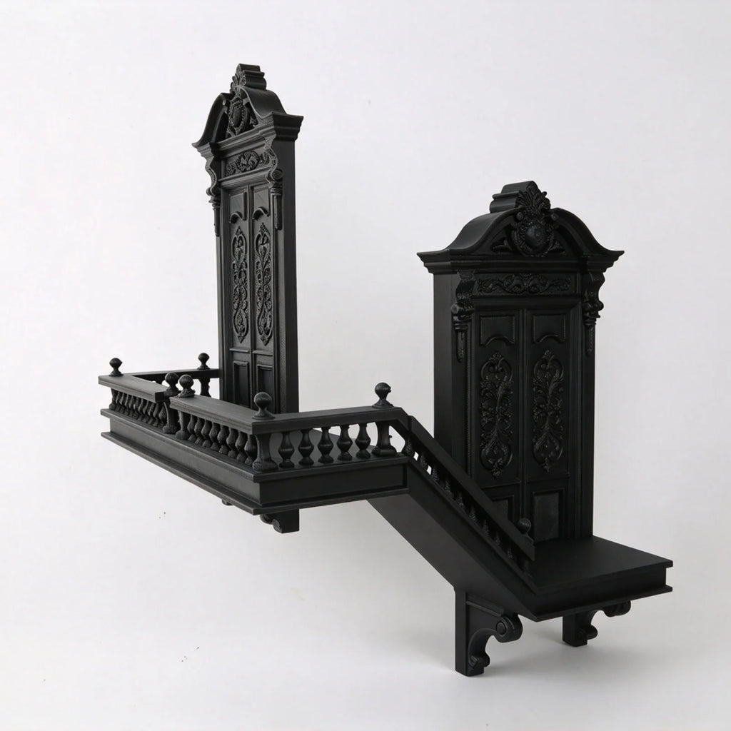 Gothic Staircase Corner Wall Shelf, Black PLA Plastic Victorian Floating Display Rack for Dark Academia Living Room Decor