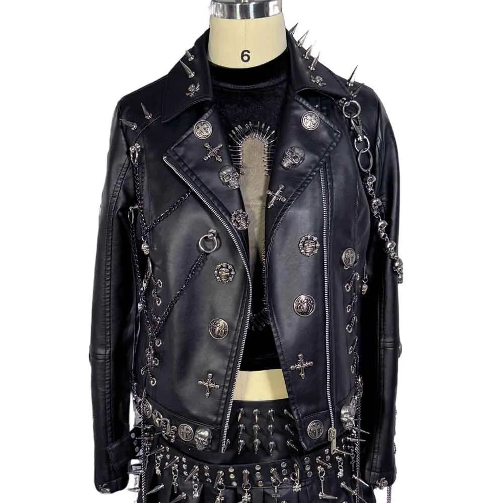 Y2K Vegan Leather Skull Studded Rivets Jacket Coat E-Girls Gothic Harajuku Grunge Chain Emo Eco DIY Punk Rock Hand Made