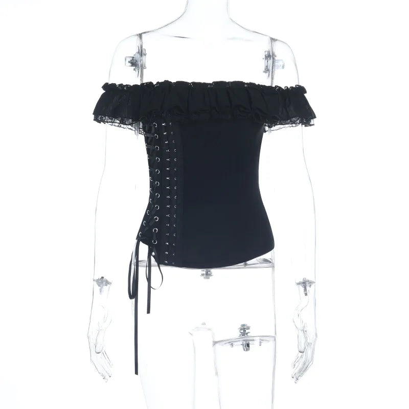 Goth Dark Mall Gothic Solid Square Neck Corset Tops Lace Patchwork Kawaii Off Shoulder Tanks Top Trim Bandage Shirts Streetwear
