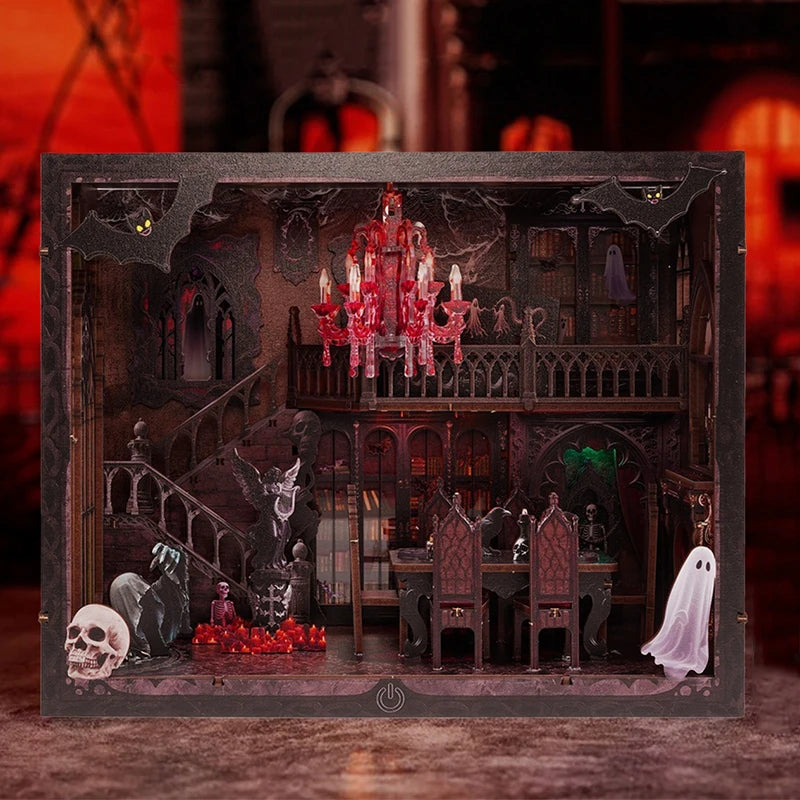 DIY Wooden Book Nook Shelf Insert Kit Halloween Dark House Bookend Miniature Model Kits Bookshelf with Light for Friends Gifts