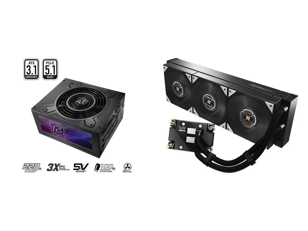 ASRock PG-1300G 1300 W Power Supply ASRock WS XE 360D 360mm AIO Liquid CPU Cooler for Intel Xeon LGA 4677/4710, Dual-Pump Redundancy with Buzzer Alarm, Brazed Full-Copper Cold Plate, IP54-Rated Fans,