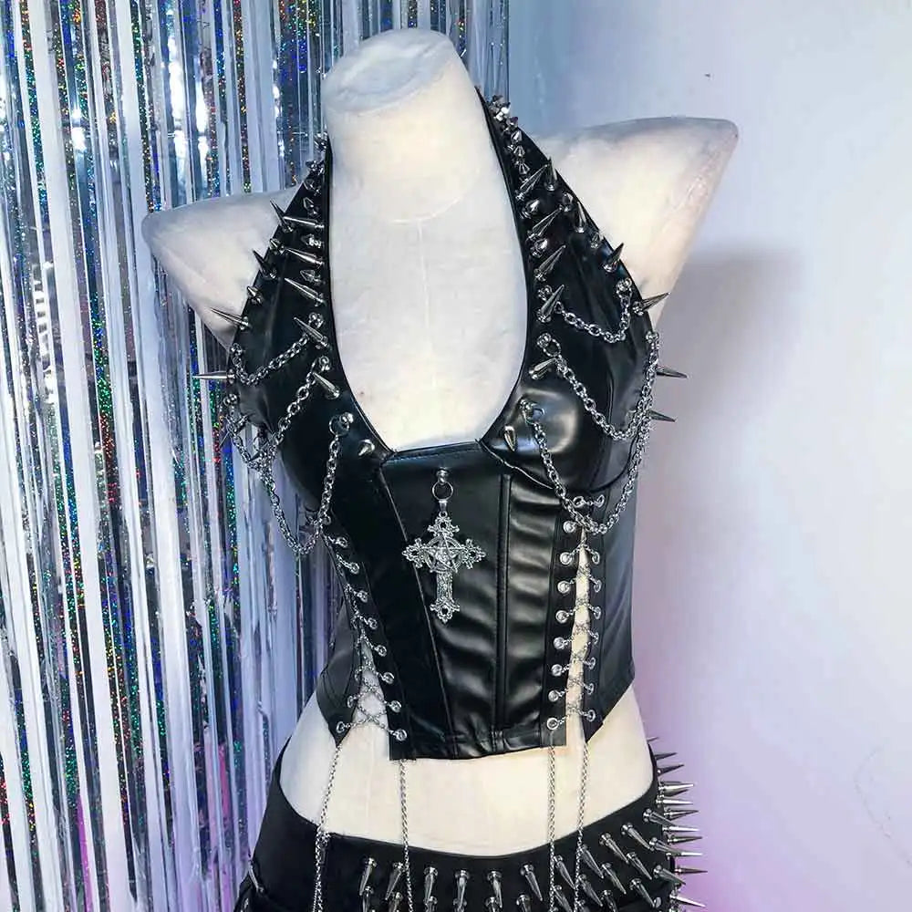 Hand Made Teen Chain Trendy Goth Grunge DIY Y2K TOPS Gothic Tank Eco Harajuku Kawaii E-Girls 90s Punk Rock Studded Rivet Emo