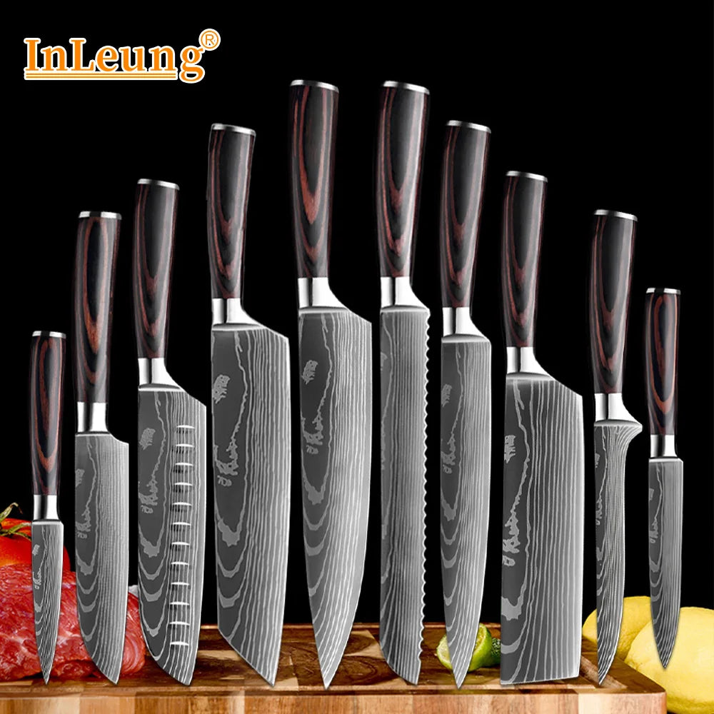 Japanese Laser Damascus Chef Knives Set Cleaver Santoku Boning Knife Multi-purpose Fruit Bread Meat Slicing BBQ Kitchen Cutlery