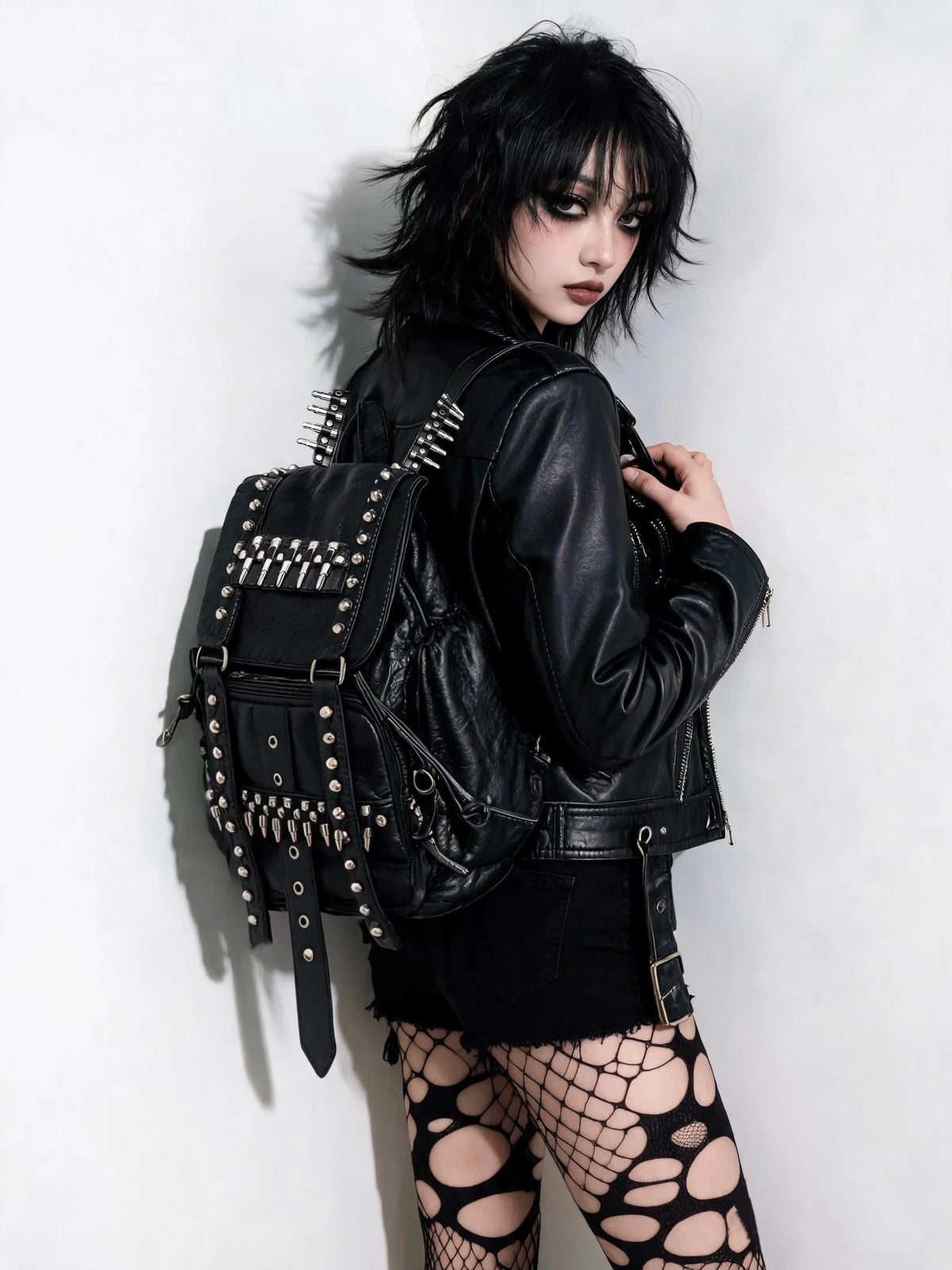 Original Design Rivet Bullet Decorative Backpack Punk Backpack Fashion Black Leather Backpacks