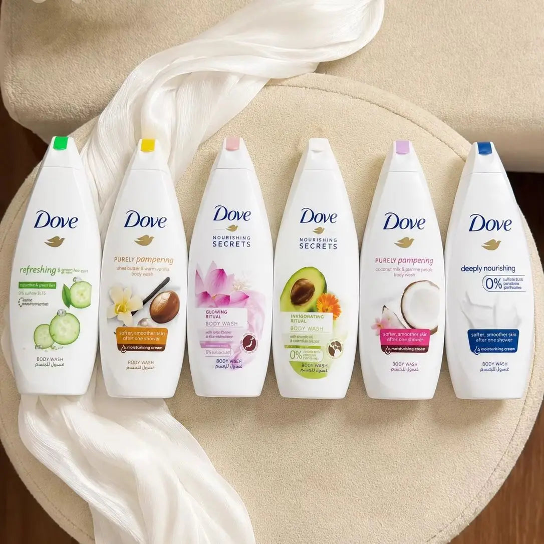 DOVE 2 Pcs Body Wash 750ML Moisturizing Evening Shampoo Purely Pampering Body Skin Cleans Cucumber Lotus Flower Coconut Milk