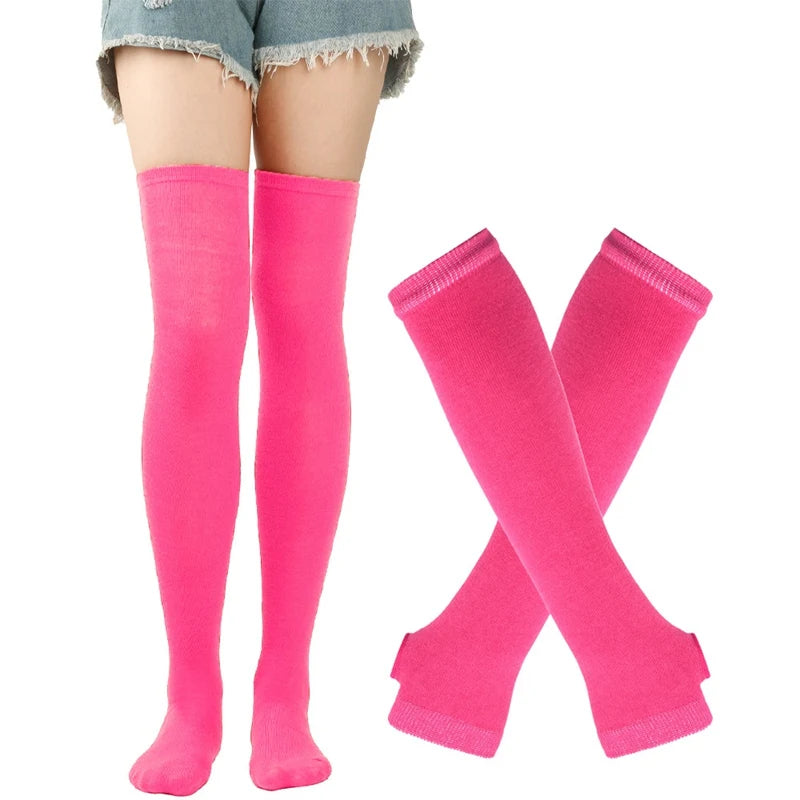 1 Set Women Girls Over Knee Long Stripe Thigh High Cotton Gothic Lolita Socks Arm Sleeve Gloves Sweet Cute Black Overknee Socks