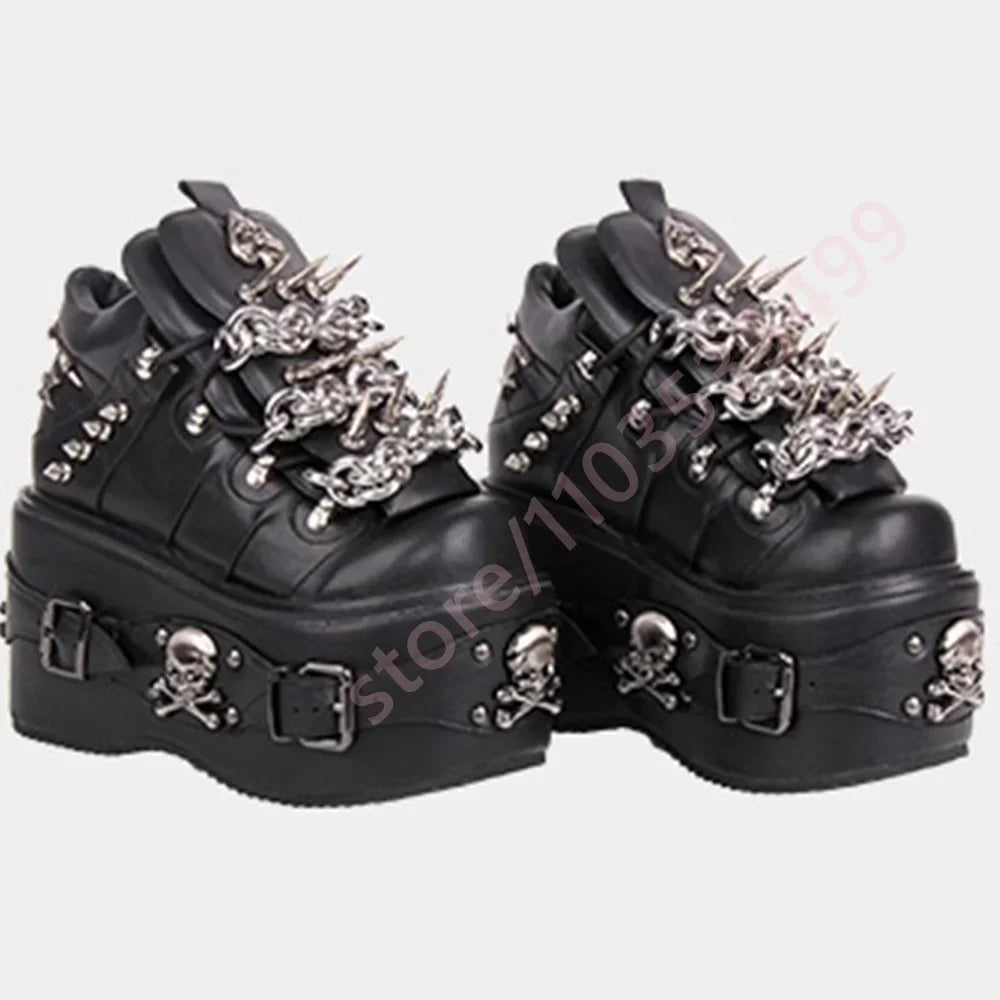 Black Cyberpunk Motorcycle Boots with Chain Rivet Round Toe Street Rock Belt Buckle Short Fashion Party Casual Boot for Women