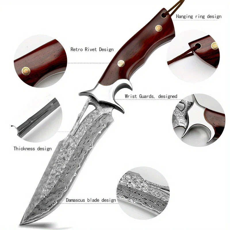 Damascus Advanced Straight Knife, Fixed Blade, Wooden Handle and Leather Scabbard, Easy to Carry, Fast Cutting, Loved by Men