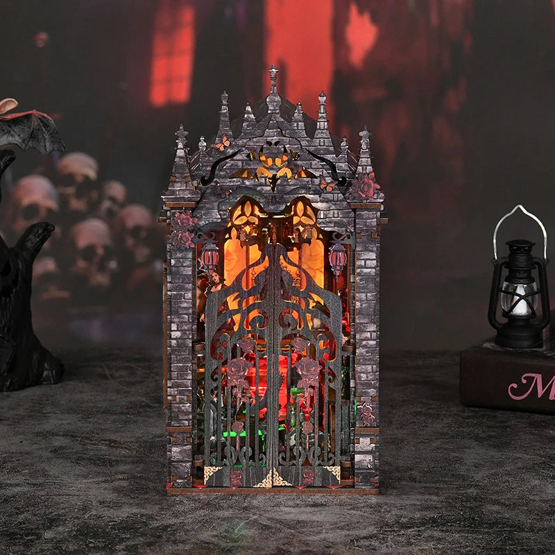 DIY Wooden Book Nook Figurines Miniatures Dark Castle Bookend with Light Bookshelf for Friends Birthday Gifts Home Decor Crafts