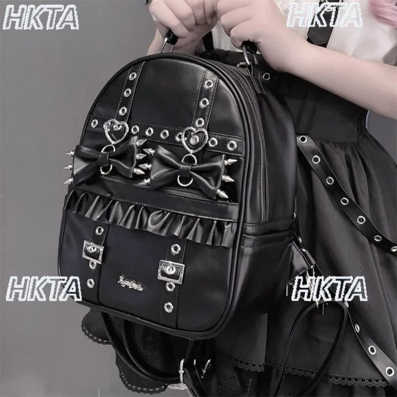 Dark Y2K Punk Autumn New Lolita Riveted Pleated Bow Backpacks Ladies Subculture Goth High Street Personality Bag Black Bag Women