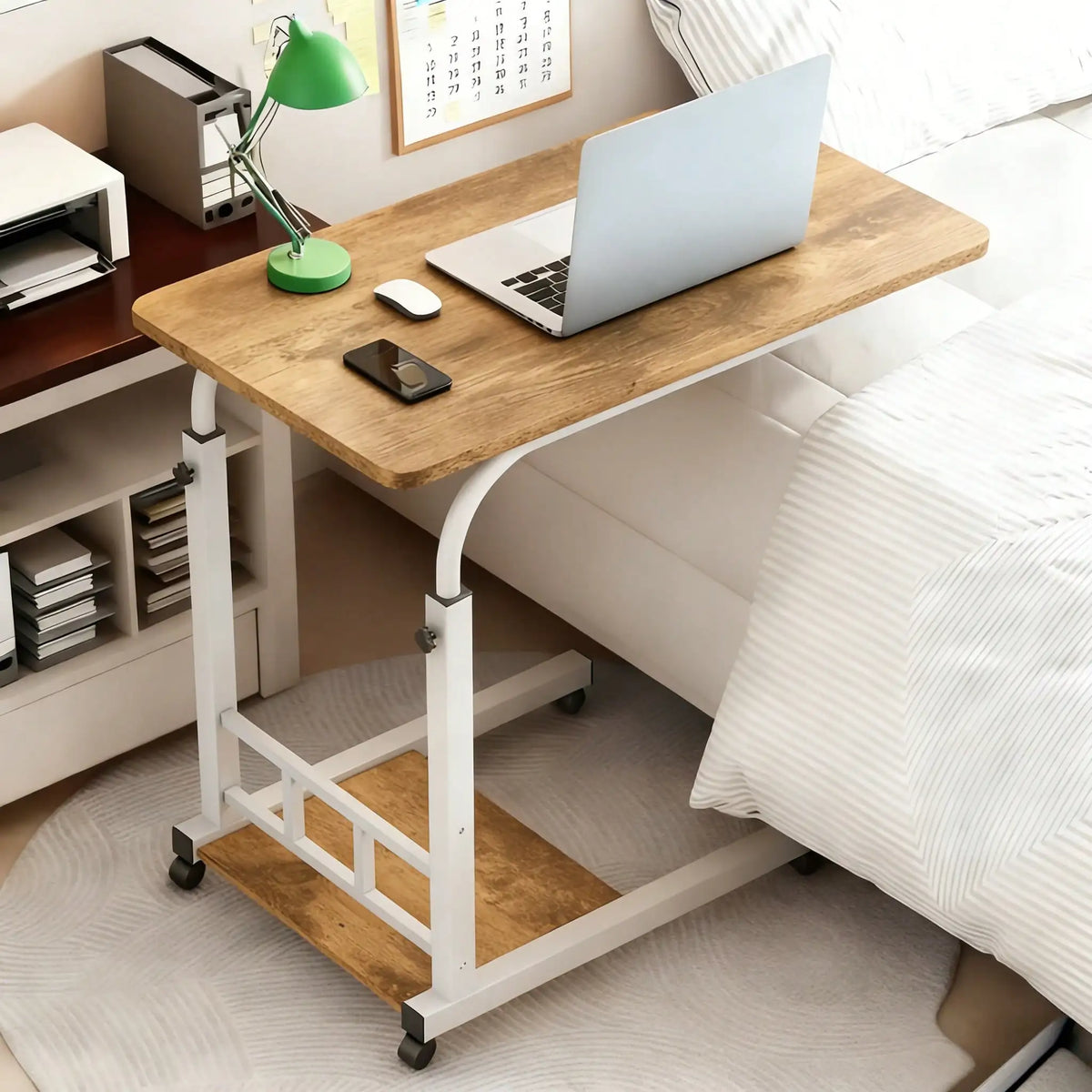 Kocoile Height-Adjustable Mobile Desk, Portable Laptop Desk With Locking Wheels, Bedside Computer Workstation With A Carbon Fiber Surface