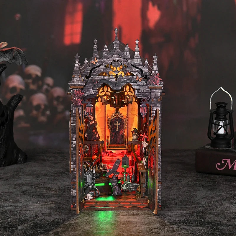 DIY Wooden Book Nook Figurines Miniatures Dark Castle Bookend with Light Bookshelf for Friends Birthday Gifts Home Decor Crafts