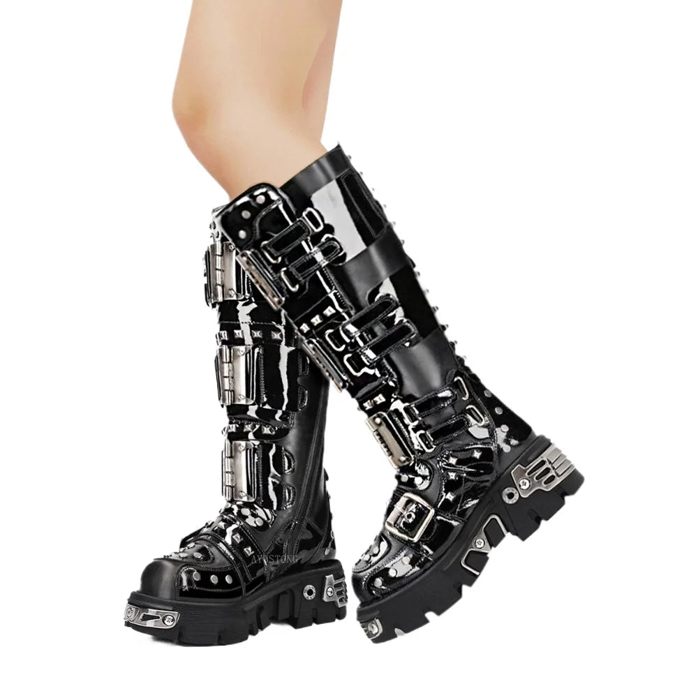 Fashion Men's Genuine Leather Motorcycle Boots Metal Goth Punk Knee High Boots Round Toe Thick-sole Spanish Street Rock Shoes