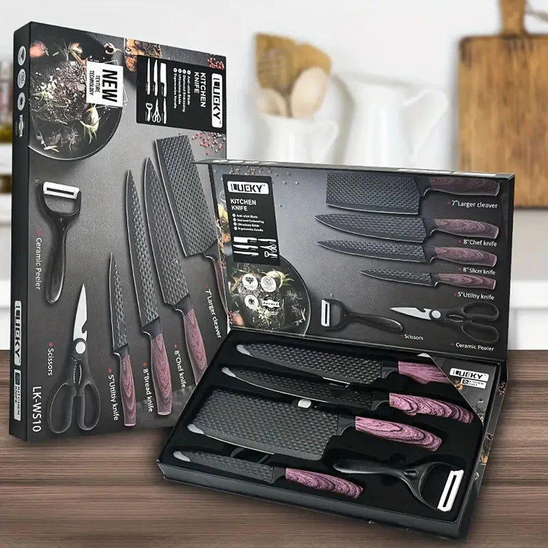 Professional 6-piece kitchen knife set hammer-textured sharp cutting blade meat and salmon slicing knife, kitchen cooking knives