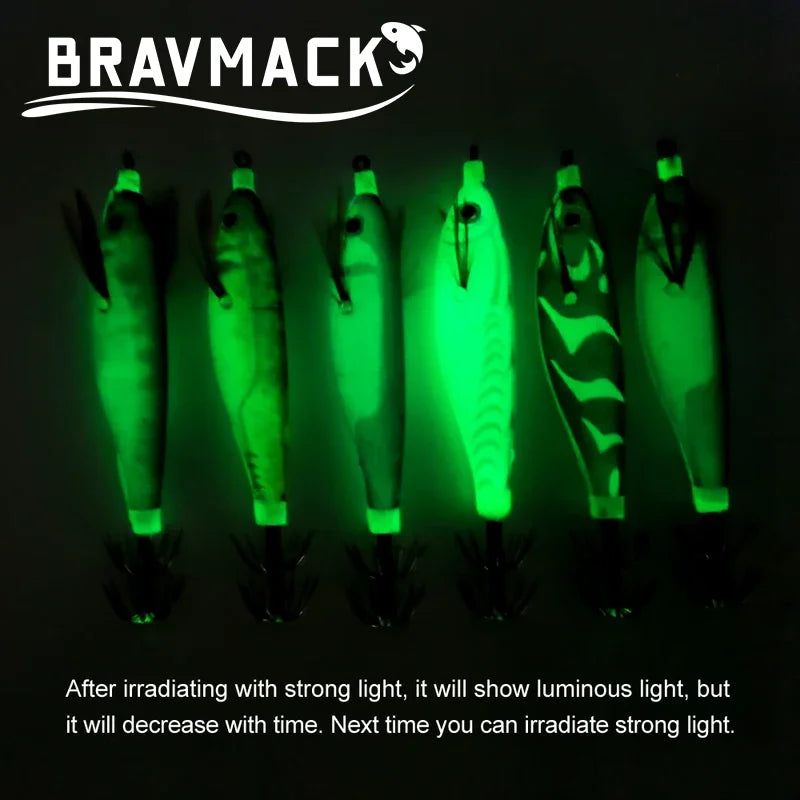 BRAVMACK 2Pcs Squid Jig Hook Fishing Lure Luminous 10cm 9g Artificial Fake Octopus Lures Wood Shrimp Cuttlefish Hard Bait Tackle