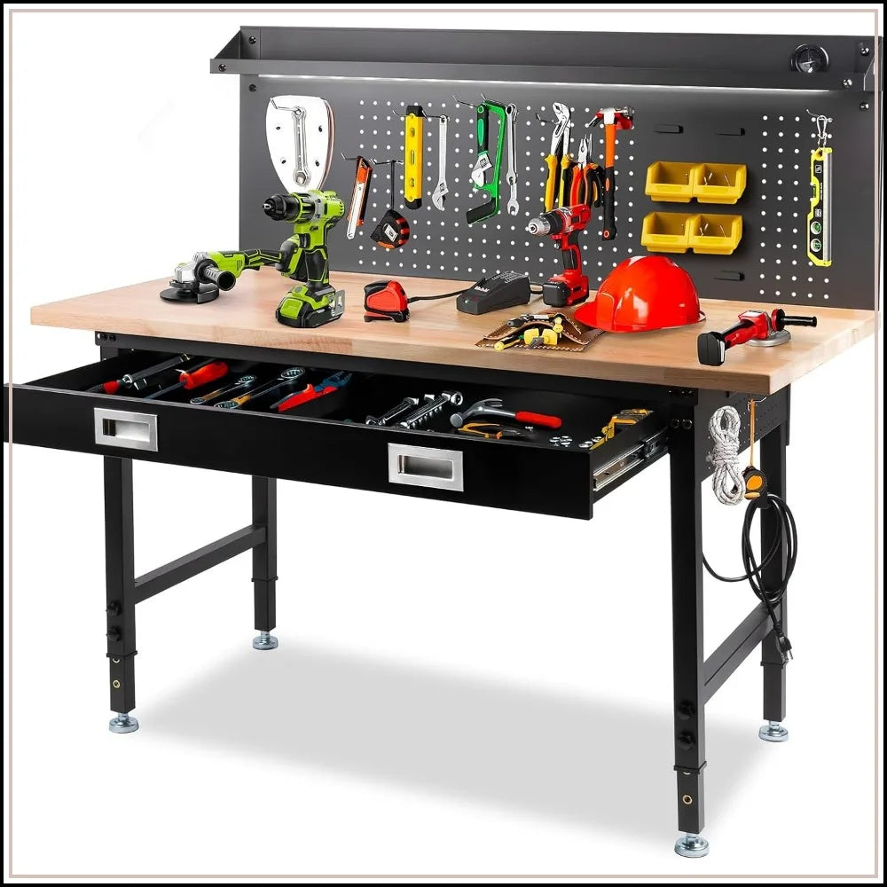60 in Workbench with Drawers, Heavy Duty Garage Work Table with Pegboard, Power Outlet, Rubber Wood