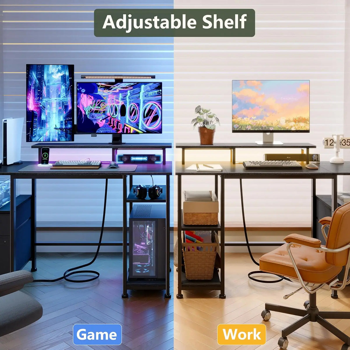 61' Gaming Desk with Outlets & LED, Large Computer Desk, Black | AC Outlets & USB, Ergonomic Monitor Stand, Drawer & File Cabine