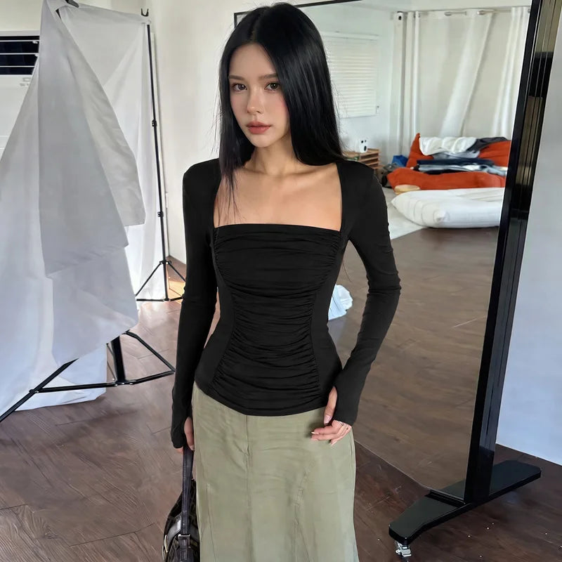 High Quality Hot Selling Wholesale Autumn New Fashion Slim Fit Long Sleeved T-shirt Slimming Solid Square Neck Base Shirt Women