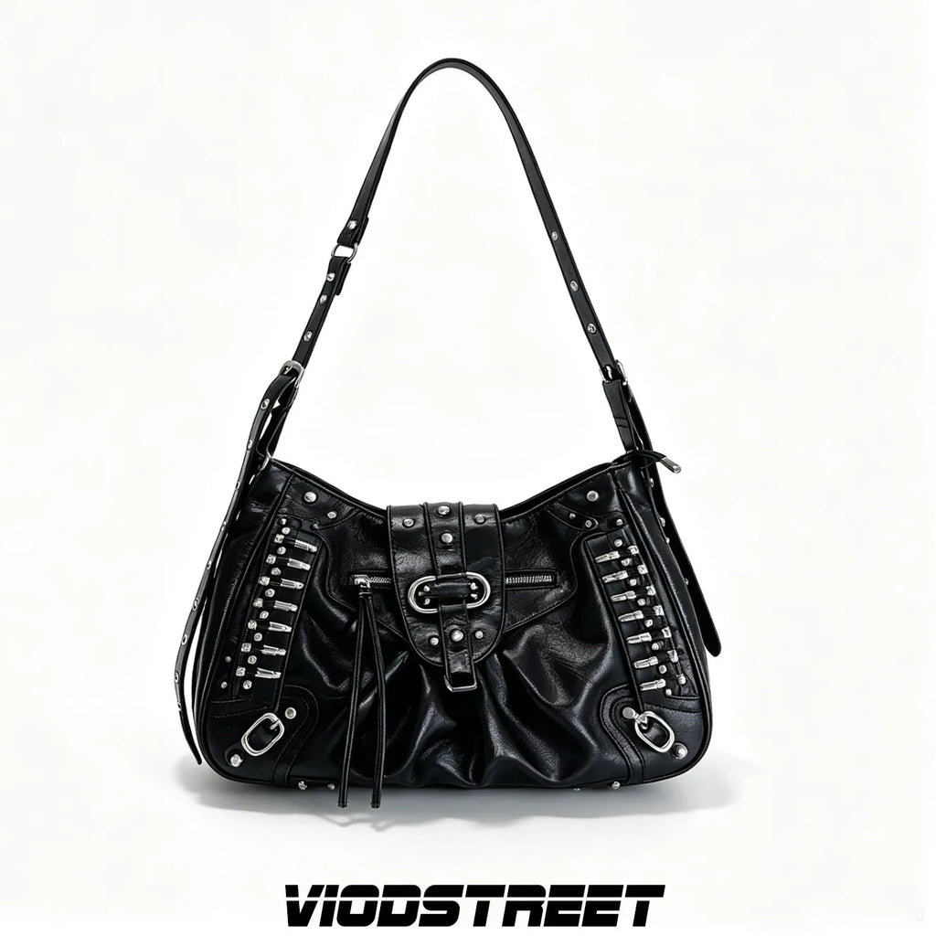 Punk Locomotive Bag Black Large Capacity Punk Tote Rivet Shoulder Bags for Women's Crossbody Bag