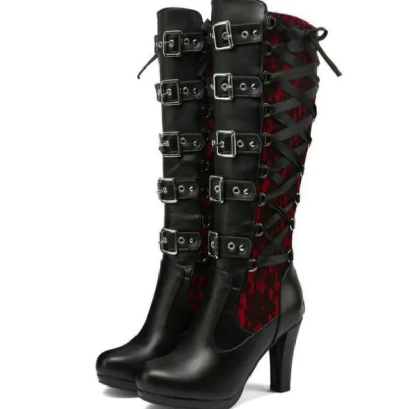 Punk Gothic Style Women's Knee High Boots Ladies Motorcycle Boots Comfort Long Tube Knight Boots Platform High Heels Women Shoes