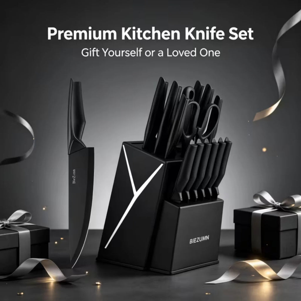 Kitchen knife set, 15-piece black kitchen knife set with block, dishwasher safe kitchen knife set with built-in sharpener, stainless steel black knife set birthday gift for mom or dad, kitchen gadget set