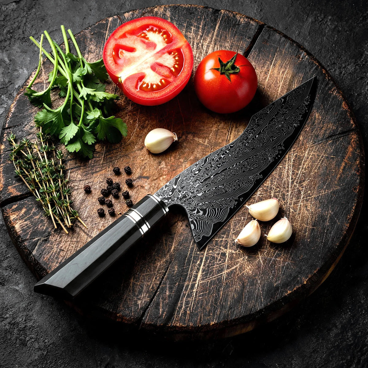 XITUO 8" Damascus Steel Chef Knife, Ultra Sharp Japanese Kitchen Chopper & Meat Cleaver with Octagonal Black Rosewood Handle
