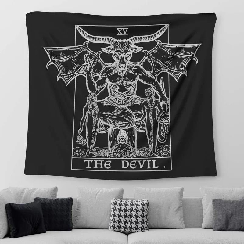 VIKAMA Devil Tarot Tapestry (Black And White) - Bavermott - Gothic Evil Witch Halloween Home Decoration Wall Hanging