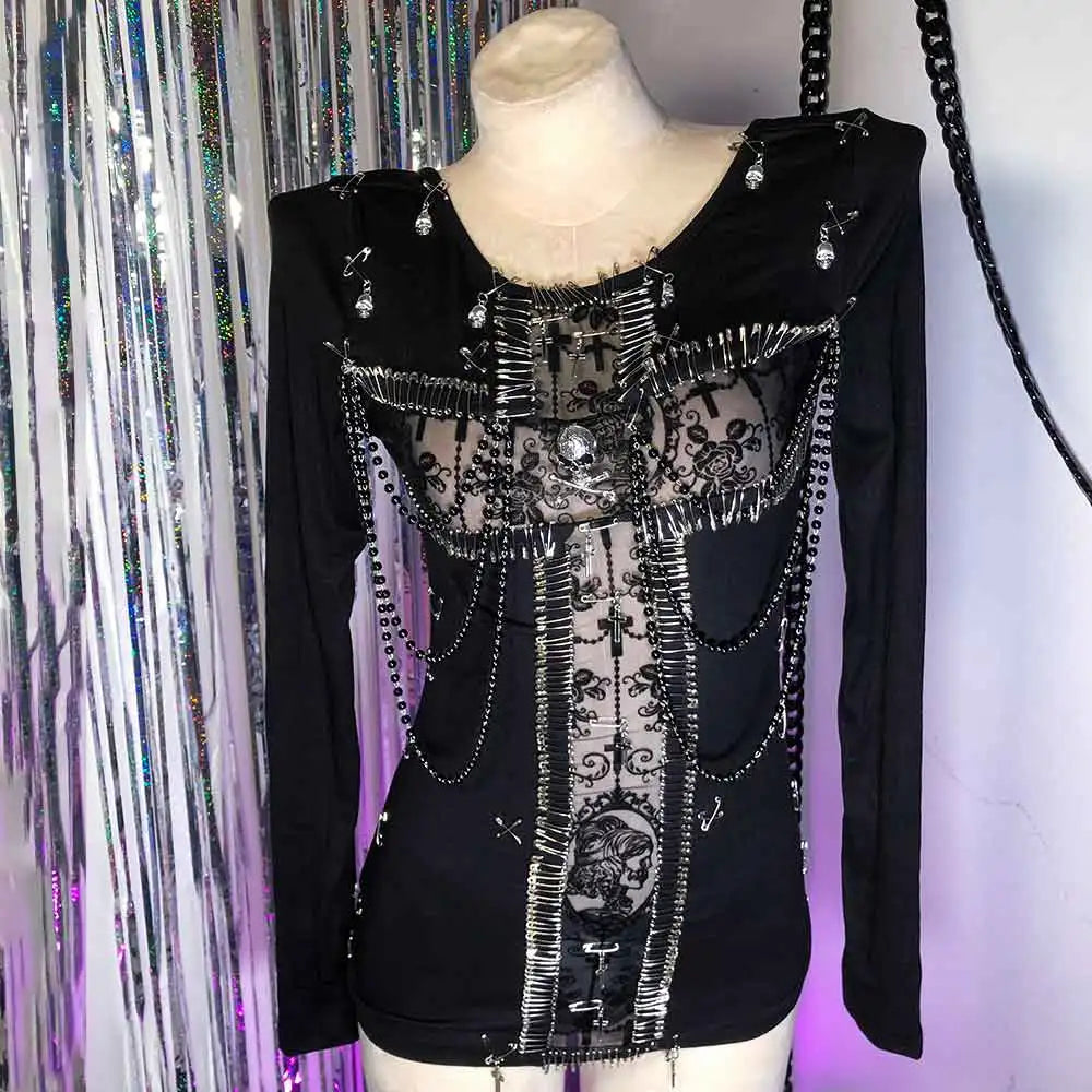 Harajuku Teen Punk Rock DIY E-Girls Gothic T-Shirt Emo Y2K TOPS Cross Grunge Kawaii Eco Goth Hand Made Pin 90s Rave Outfits