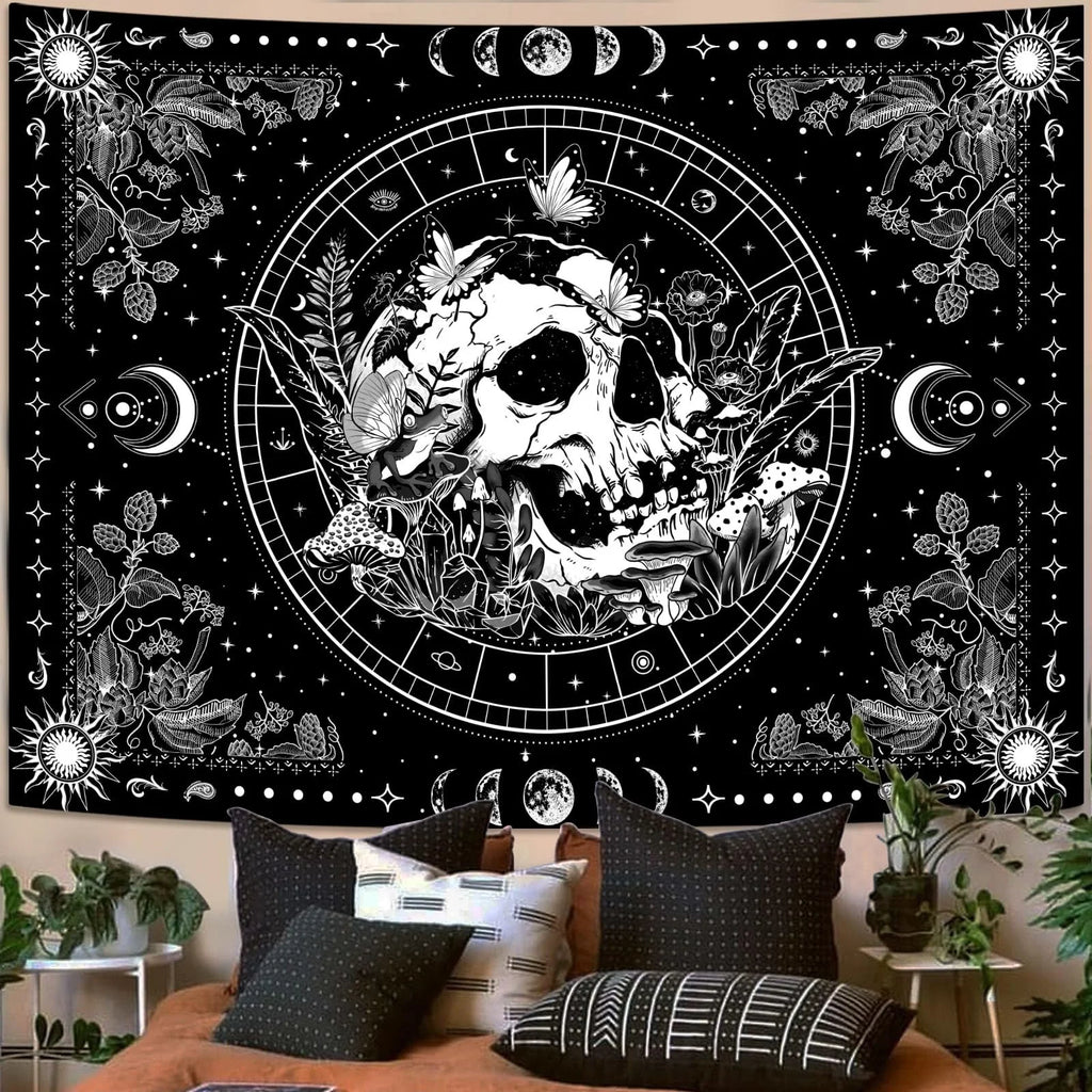 VIKAMA Black and White Skull Tapestry Hippie Natural Botanical Floral Aesthetic Living Room Dormitory Wall Hanging Home Decor