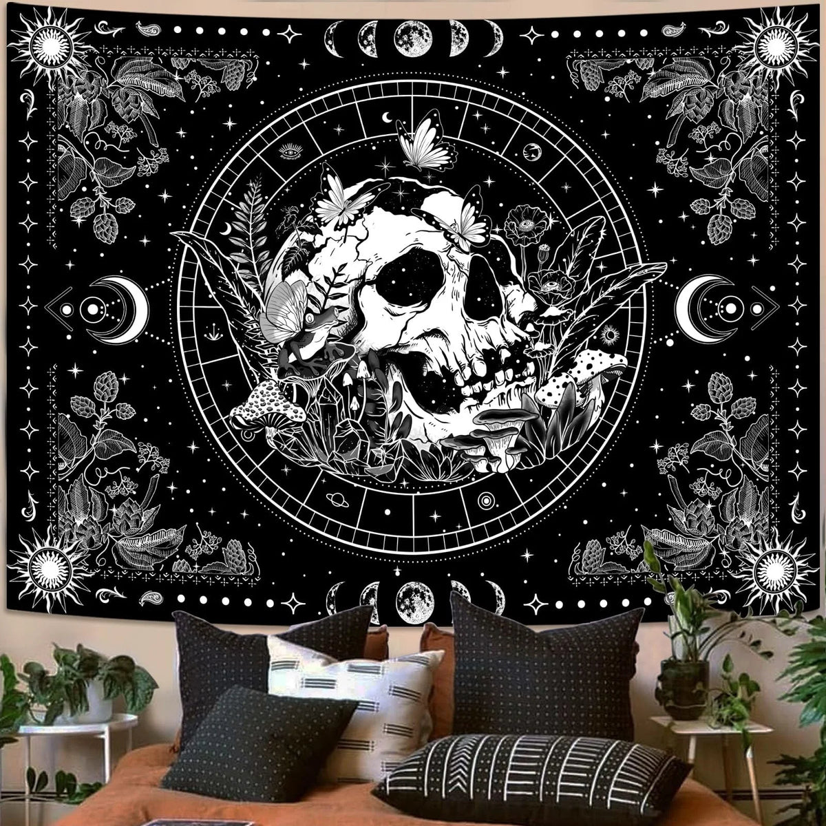 VIKAMA Black and White Skull Tapestry Hippie Natural Botanical Floral Aesthetic Living Room Dormitory Wall Hanging Home Decor