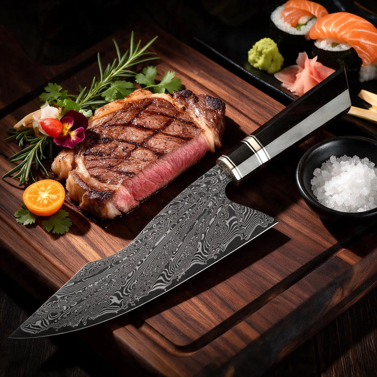 XITUO 8" Damascus Steel Chef Knife, Ultra Sharp Japanese Kitchen Chopper & Meat Cleaver with Octagonal Black Rosewood Handle