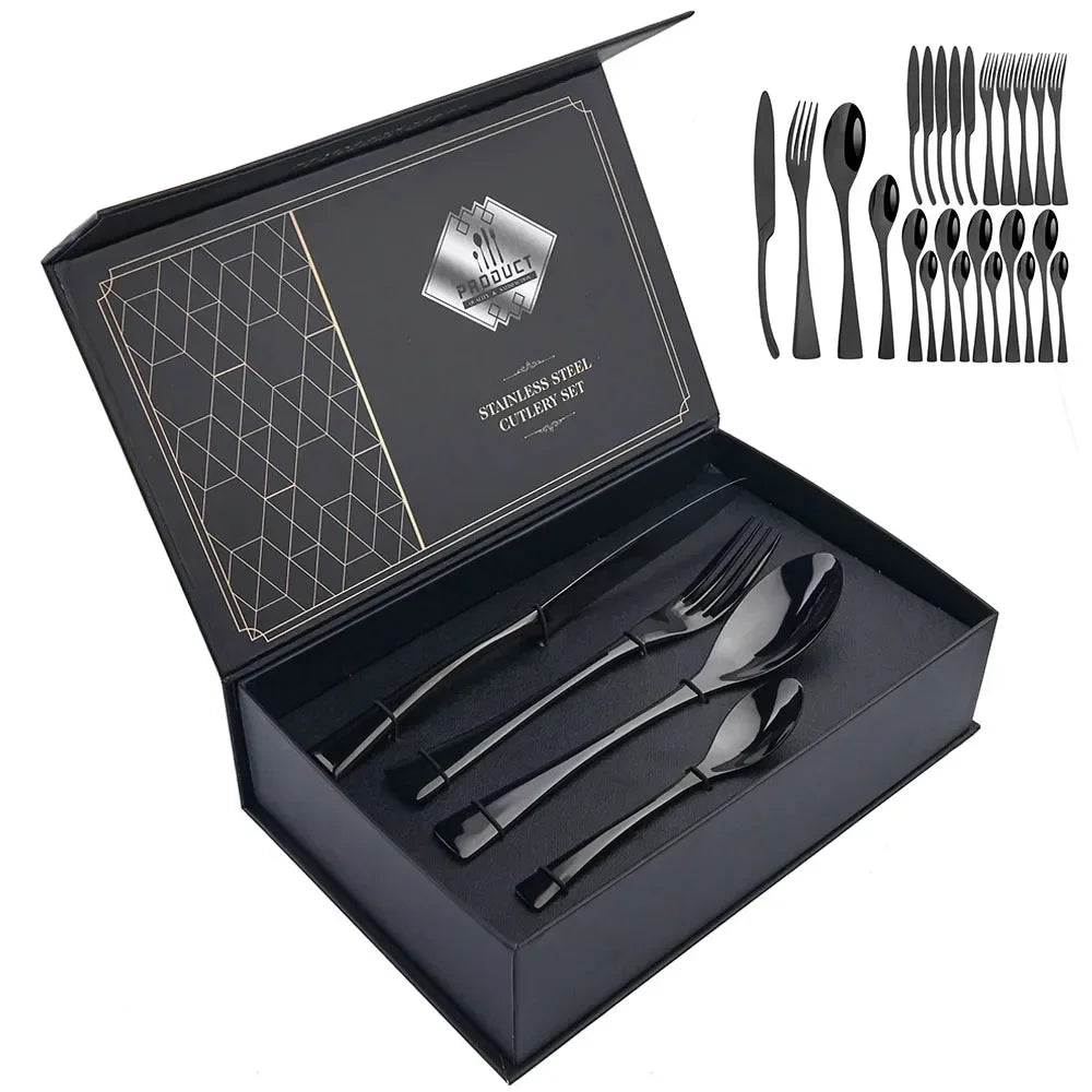24Pcs/Set Cutlery Sets 304 Stainless Steel Mirror Tableware Knife Forks Spoons Silverware Dinnerware Kitchen Flatware Gift Box
