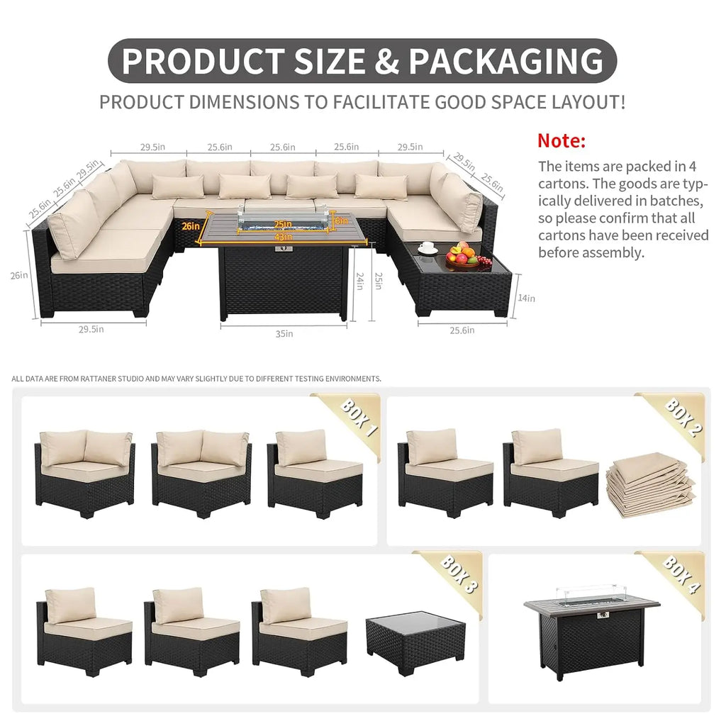 10 Pieces Outdoor Sectional All-Weather Wicker Patio Furniture Set Patio Sectional and Steel Fire Table and Glass, Customized