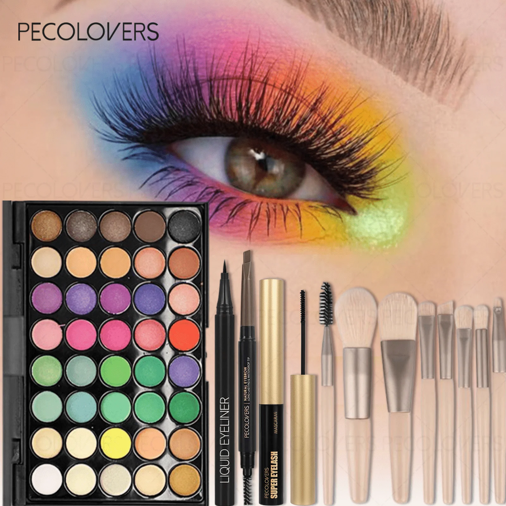 12PCS All-in-One Eye & Brow Makeup Set, 40 Shades Vibrant Color Eyeshadow Palette, Natural 3D Eyebrow Pencil, Quick-Dry Liquid Eyeliner, Volumizing Curling Mascara with Makeup Brushes, Waterproof Sweat-proof, Blendable Matte Shimmer Eyeshadow Kit