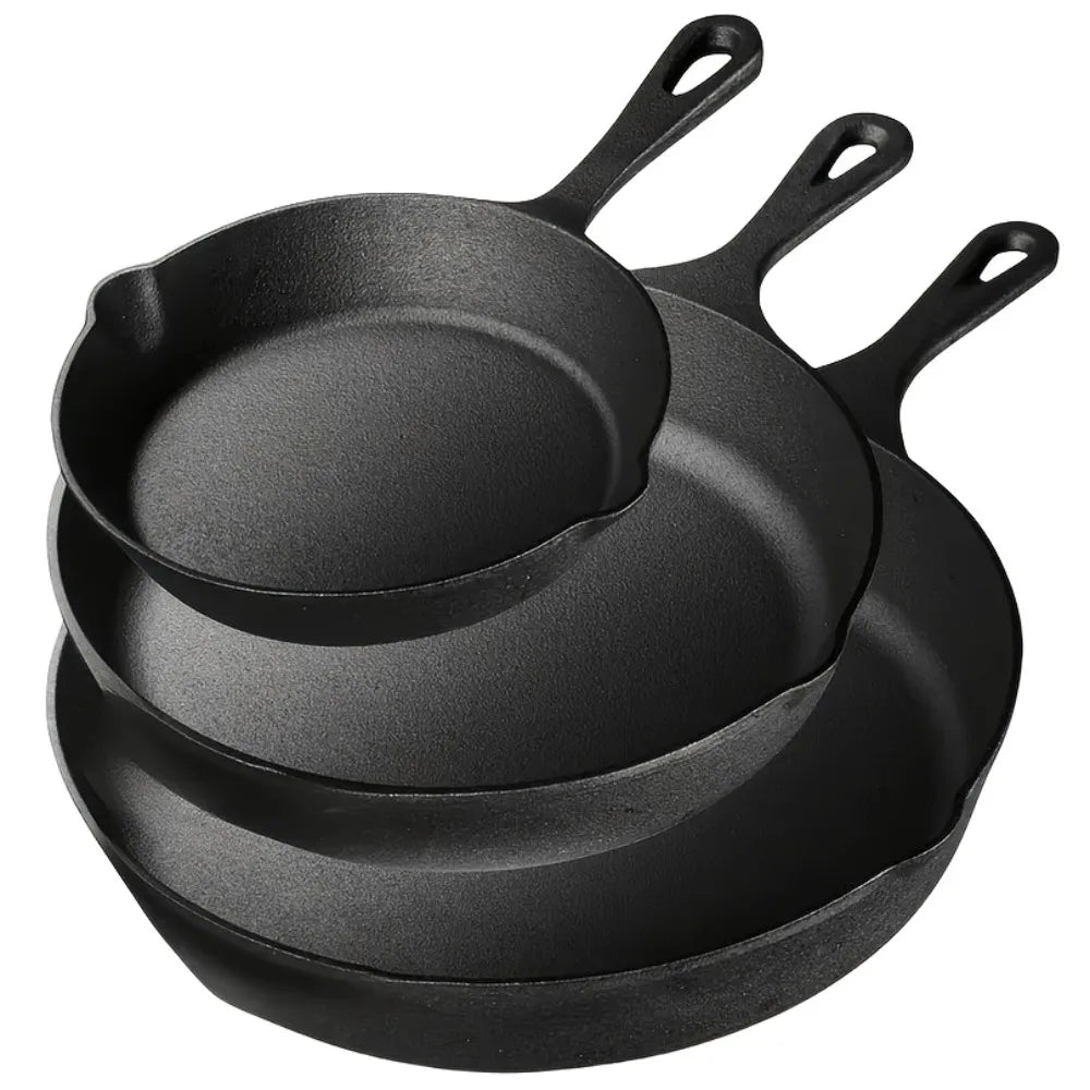 3PCS Cast Iron Skillet Set (6/8/10 Inch)  Pre-Seasoned, Heavy-Duty Pans for Oven, Grill & Campfire, Even Heat, Non-Stick Surface
