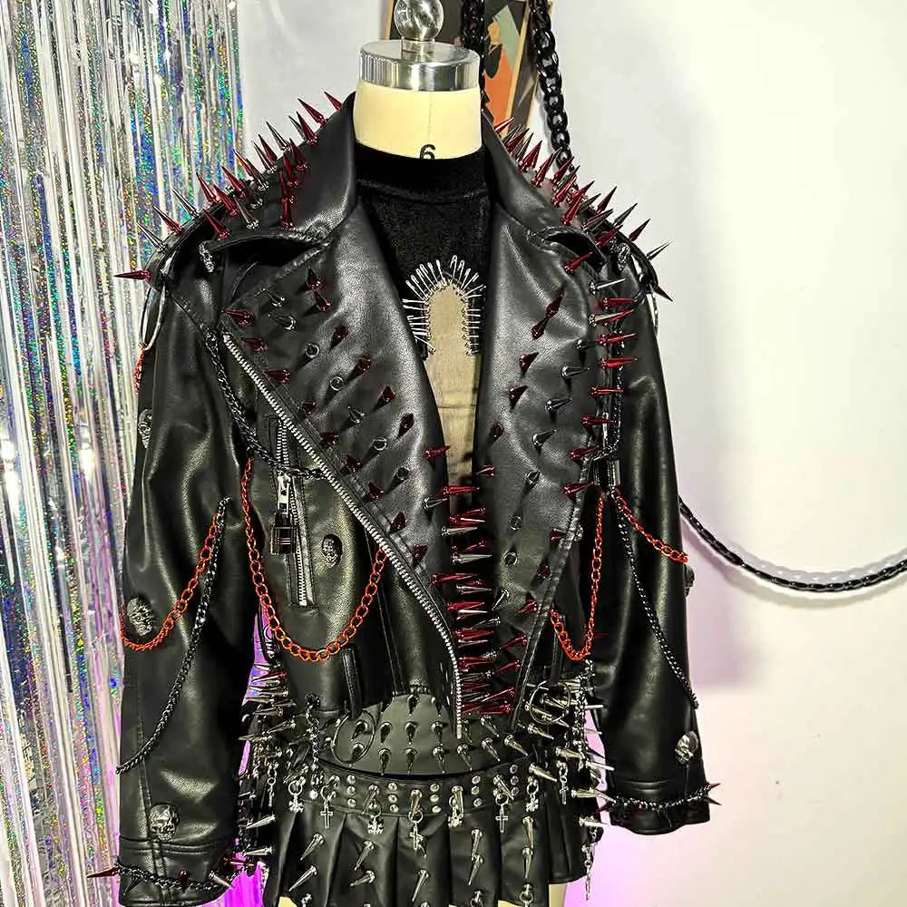 Women's Y2K Gothic Black PU Leather Jacket Spiked Boho Emo Punk Rock Grunge Rave Festival Coat with Spikes for Teens